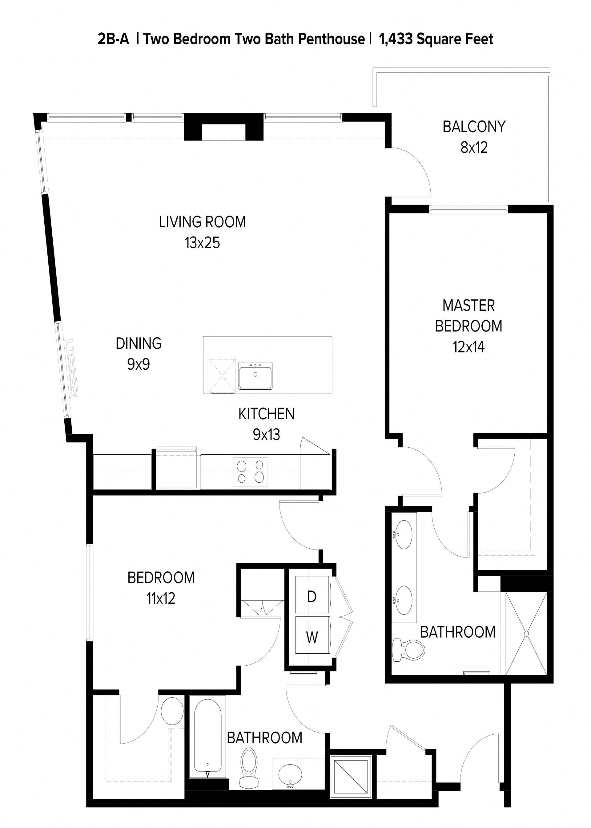 Floor plan for 2 beds, 2 baths, 1433 sqft
